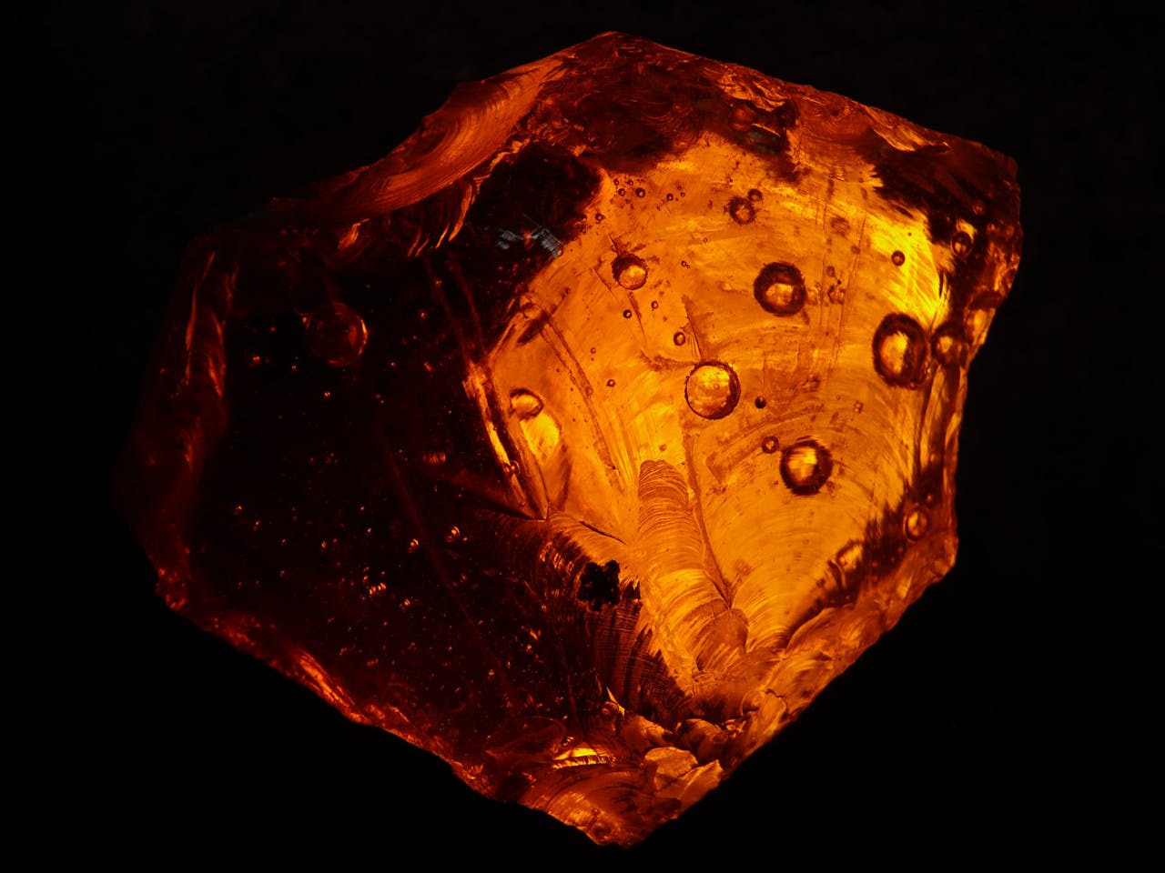 services-09 A beautifully illuminated orange amber stone with detailed textures and patterns.